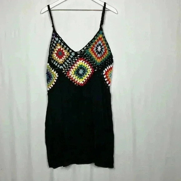 Womens Mini Dress Black XS/S Crocheted Spaghetti Straps Mini Crocheted Squares - Picture 6 of 9